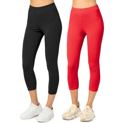 Imagen de Merry Style Leggins Deportivos para Mujer Pantalones Piratas Suaves Elásticos Leggings de Algodón 3/4 Mallas Confortables (2 Pack) MS10 199 (Negro/Rojo, L)