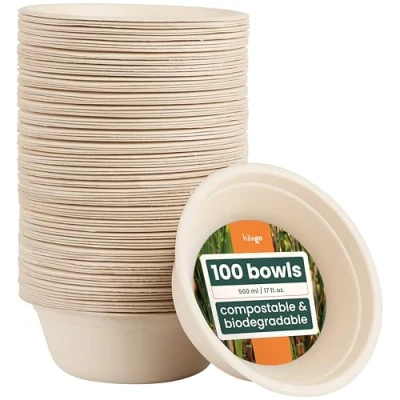 Imagen de HAAGO 100 Cuencos Aperitivos Desechables Bagazo de Caña Azúcar Ecológicos, Vajilla Biodegradable Perfectos para Celebraciones y Fiestas, 500ml