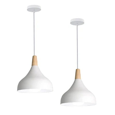 Imagen de Hongho Lámpara Colgante LED Lampara Salon Techo Comedor Luz E27 Pantalla Metal Madera (2pcs Blanco)