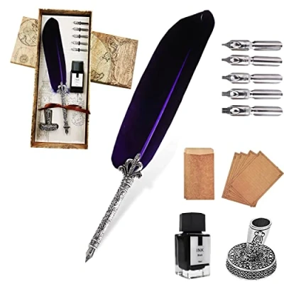 Imagen de AOMAYLL pluma Antigua Escritura,Pluma de Inmersion,con 5 Consejos Diferentes, Juego tinta para caligrafía,Regalos los amantes artículos vintage.