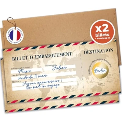 Imagen de Rasca y gana viaje sorpresa Tarjeta de embarque personalizada para regalar Billete avión anunciando regalo cumpleaños En francés Modelo vintage (2 tarjetas)