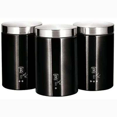 Imagen de Berlinger Haus Black Silver Juego de 3 Botes Cocina Almacenaje Acero Inoxidable Resistente, Ø11 x 17,8 cm, Para Guardar Té, Café y Azúcar, Negro Metalizado / Inox