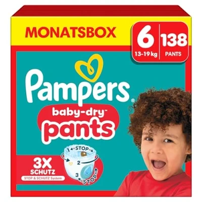 Imagen de Pampers Tamaño 6 Pañales (15+ kg), Pantalones Secos para Bebé, 138 Pañales, Con Bolsillo Detrás Y Protect En La Parte Trasera Que Proporciona Hasta 100% Protección Contra Fugas Nocturnas