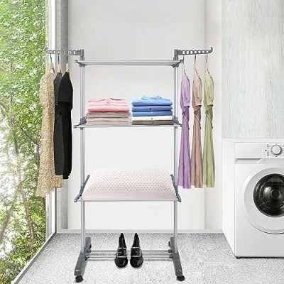 Imagen de Tendedero de Ropa Plegable Vertical,Tendedero Tipo Torre Tres Estante con Cuatro Ruedas, Espacio Secado, Capacidad para 15 KG (Tubo Gris)