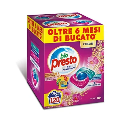Imagen de Bio Presto Power Caps Color Detergente para lavadora dosificado en cápsulas prendas de color, 2 paquetes 60 lavados (120 lavados)