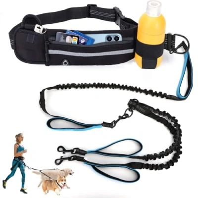 Imagen de Nobleza Correa Perro Manos Libres con Bolsillo, Retráctil para Perros Doble Cuerda Elástica, Cinturón Pasear 2 Perros, Ajustable y Banda Reflectante