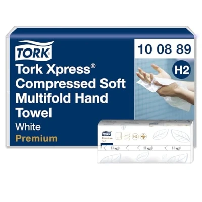 Imagen de Tork Xpress Toallas de Mano Entreplegadas Suaves Comprimidas Blanco H2, Premium, 2 capas, Plegado en Z, Absorbentes, 12x225 hojas, 100889