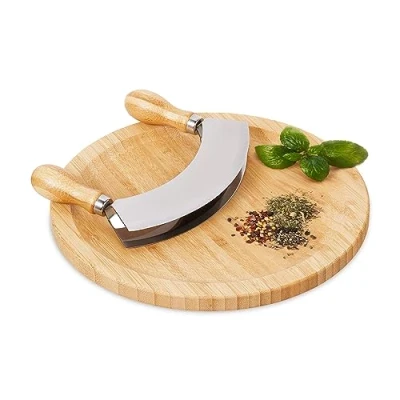 Imagen de Relaxdays Cuchillo Media Luna con Tabla 25cm, Tajadera de Doble Hoja, Picador Hierbas Acero Inoxidable, Natural/Plata, 13,5 x 17,5 2,5 cm