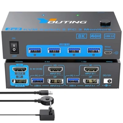 Imagen de YOUTINGHDAV 2x2 KVM Switch 2 PC Monitores HDMI DP, USB 3.0 4K @ 144Hz 8K @60Hz, 2.1 Displayport 1.4 Dual Monitor para Partes Ratón Teclado con Mando a