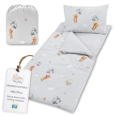 Imagen de saco de dormir infantil con almohada y cremallera para bebés 3 a 7 años interiores 140 x 75 cm guardería jardín infancia tipo manta Ositos peluche