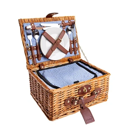 Imagen de eGenuss Cesta de Mimbre para Picnic 2 Personas con Cubiertos Acero Inoxidable refrigerador Copas Vino y Platos en cerámica