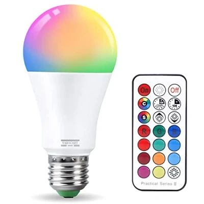 Imagen de VARICART Bombillas Colores LED E27 10W Blanco Frío 6000K Cambio de Color Bombilla RGB 12 Color, Lampara Edison Regulable Control Remoto, 100W Equiv. para Bar Fiesta Decoración (Pack 1)