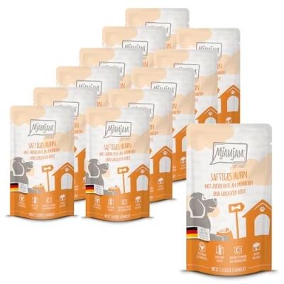 Imagen de MjAMjAM Comida húmeda Premium para Perros Quetschie Pollo jugoso con Pato tierno, Zanahorias y mijo cocido, Pack de 12 (12 x 125g), sin Gluten Extra Carne