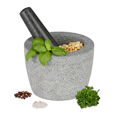 Imagen de Relaxdays Mortero con Mano, Granito, Molcajete Redondo Piedra, 10 x 14 cm, Moledor Pesado, Especias y Hierbas, Gris, cm