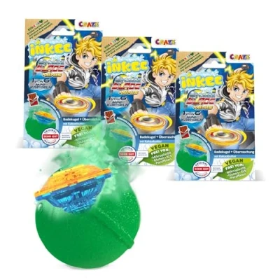 Imagen de INKEE Surprise BLADE trompo 3x bombas de baño para niños con sorpresa 3 6 mini trompos bolas 100g fragancia chocolate y manteca cacao, verde o rojo