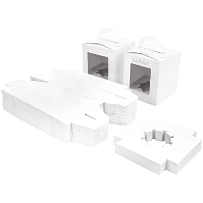 Imagen de BELLE VOUS Pack de 50 Cajas para Tartas Papel Kraft Blanco con Ventana y Asa 9,39 x 10,66 cm Cupcakes, Galletas, Magdalenas, Postres Repostería Carton Desechables