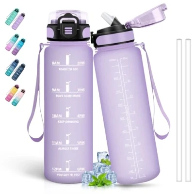 Imagen de Botella Agua, Agua 1 Litro, con Pajita, A Prueba de Fugas, Reutilizable Marca Tiempo, Cantimplora para Gimnasio, Senderismo, Acampar, Correr, Ciclismo, Yoga, Violeta