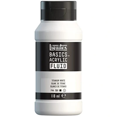 Imagen de Liquitex Basics Fluid Pintura acrílica de consistencia fluida, secado rápido, resistente a la luz, impermeable, acabado satinado permanente, bote 118 ml, blanco titanio