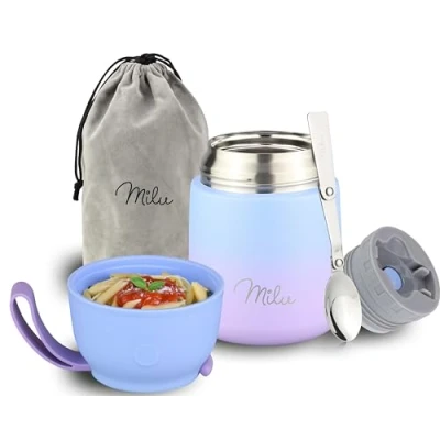 Imagen de Milu Termo para Comida 450 ml Taza Aislada, Botella de Acero Inoxidable Aislada Alimentos, Beber y sopa los niños adultos Térmico (450ml/Azul Violeta)