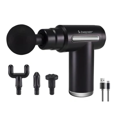 Imagen de BEPER P302MAS002 Masajeador de Percusión, 30W, Pistola Masaje Recargable, 4 Cabezales Intercambiables. 6 niveles intensidad, Negro