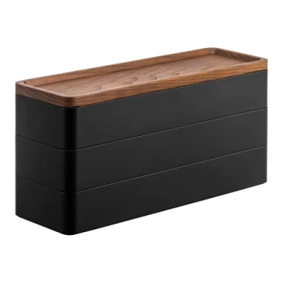 Imagen de YAMAZAKI 5810 RIN Estuche de accesorios delgado 3 niveles con tapa, negro, resina ABS/madera, diseño minimalista, 24 x 8 11,5 cm (L An Al)