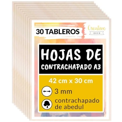 Imagen de Creative DECO 30 x A3 Tablero Madera Manualidades Contrachapado 420 300 3 mm (+/ 0.5mm) Chapa Maciza Abedul Maderas para Bricolaje Pirograbado, Corte por Laser, CNC Router, Modelado
