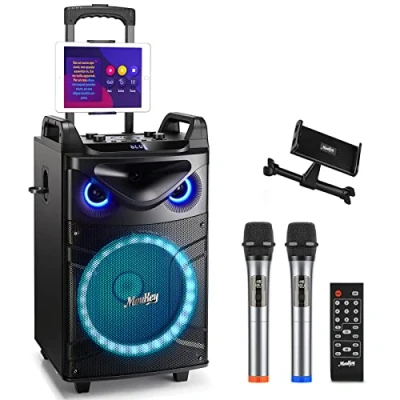 Imagen de Moukey Altavoz Karaoke con 2 Micrófonos Inalámbricos, Máquina de Bluetooth Portátil Luces Fiesta, Ajuste eco/agudos/graves, 12&quot; Woofer Sistema PA Soporte TWS/REC/AUX IN/MP3/USB/TF/FM
