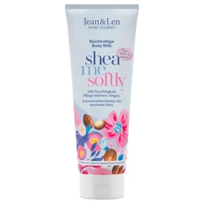 Imagen de Jean &amp; Len Leche corporal enriquecida con manteca de karité, para pieles secas, nutre intensamente la piel seca y es respetuosa piel, sin parabenos, siliconas ni microplásticos, vegana, 250 ml