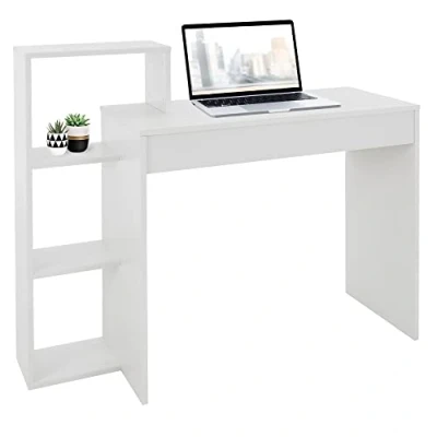 Imagen de ML Design Escritorio con Estantes Mesa de Trabajo para Oficina, Mesita Ordenador PC Blanco Espacio Almacenamiento, 3 Baldas, 110x72x40 cm, Madera, Sistema 2 en 1, Hogar/Estudio