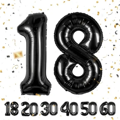 Imagen de Globo de 18años con números cumpleaños, color negro, decoración cumpleaños 40 a 101 cm, vuela helio para hombres y mujeres, 18 cumpleaños…