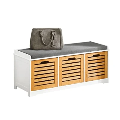 Imagen de SoBuy FSR23 WN Banco de Almacenamiento con Acolchados Cojines y 3 Cubos, Entrada Zapato Gabinete Dresser Cómodo Banco, 105 x 35 43 cm, ES