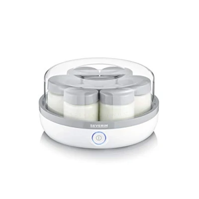 Imagen de Severin Yogurtera con tapa transparente, incluye 7 tarros antiderrames de 150 ml cada uno, 13 W, 100 % libre BPA, dimensiones 24 x 12.5 cm, Blanco/gris JG 3518