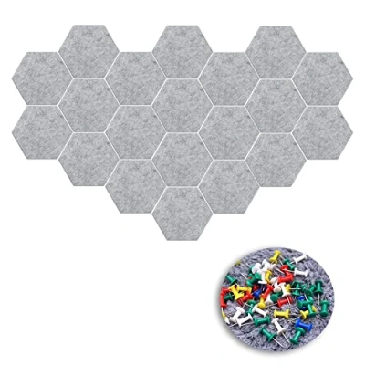 Imagen de 20 Piezas Tablero de Anuncios Fieltro Hexagonal Autoadhesivo, Corcho Pared Autoadhesivo con Chinchetas para Corcho, Colgar Fotos (Gray)