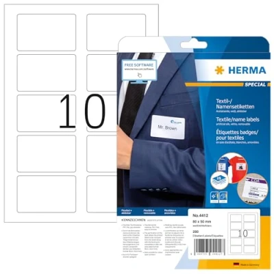 Imagen de HERMA 4412 etiquetas autoadhesivas para ropa, 10 por hoja A4, 800 hojas, 80 x 50 mm, 8000 etiquetas, adhesivas nombre extraíbles en blanco, textiles