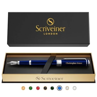 Imagen de Scriveiner pluma personalizada Azul Medianoche: de lujo con laca azul, acabado cromado, plumín alemán Schmidt (medio), set regalo grabado ideal para hombres y mujeres,