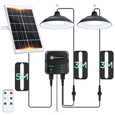 Imagen de Aigostar Luz solar exterior con mando a distancia y cuerda de tracción，cable 11 m，batería gran capacidad 6000 mAh，IP65.Luz para interior/exterior，jardín，camping，2 lámparas