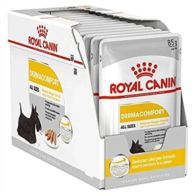 Imagen de ROYAL CANIN DERMACOMFORT Mousse 12 x 85 g Comida húmeda para Perros Adultos a Partir de 10 Meses Edad Pieles sensibles con ácidos grasos Omega 3 y 6