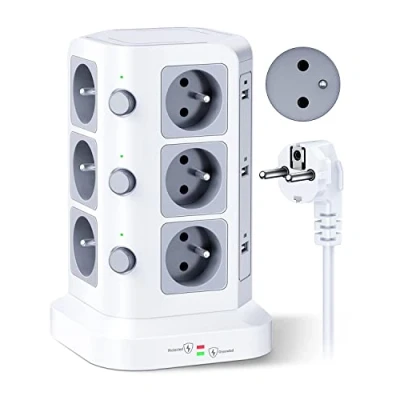 Imagen de KOOSLA 12 enchufes 2P+T Tipo E (Francia) Torre con 6 Puertos USB (4000 W/16 A), multitoma eléctrica para pararrayos y sobretensión, 3 interruptores Individuales, 2 m, Cable, Blanco