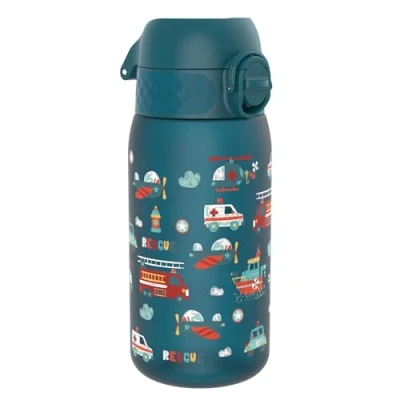Imagen de Ion8 Botella de Agua para Niños, 350ml, a Prueba Fugas, Fácil Abrir, Cerradura Segura, Apta Lavavajillas,Sin BPA, Asa Transporte,Fácil Limpiar,Neutro en Carbono, Vehículos Rescate