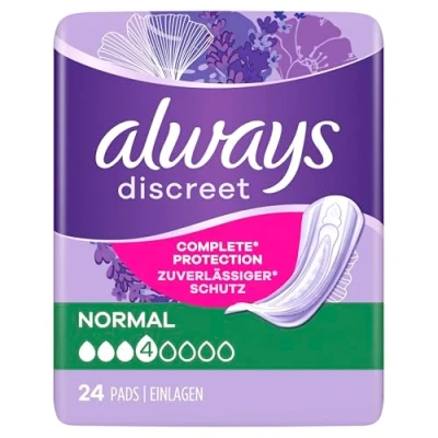 Imagen de Always Discreet compresas para incontinencia normal, 96 (4 x 24 unidades) paquete mensual, protección discreta y alta absorción, neutralizan los olores (el embalaje puede variar)
