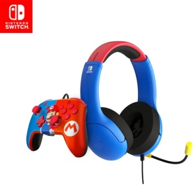 Imagen de Auriculares gaming PDP Bundle Super Mario Bros (LVL40 + Rematch), Micrófono integrado, Para Nintendo Switch, Rojo/Azul