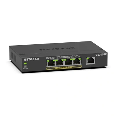 Imagen de NETGEAR Switch Ethernet no gestionable de 5 puertos Gigabit PoE (GS305PP) con 4 PoE+ 83 W, montaje sobremesa o en pared