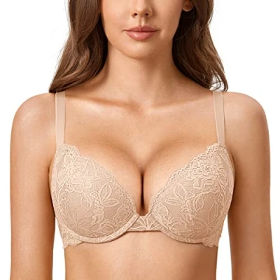 Imagen de DOBREVA Sujetador Push Up Encaje con Relleno Aros Escote Moldeado para Mujer Beige 100B