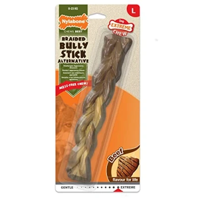 Imagen de Nylabone Juguete Masticable En Forma de Hueso para la Higiene Dental Perros con Mordida Agresiva, Nervio Buey Trenzado, Sabor A Ternera, Adultos hasta 23 Kilos