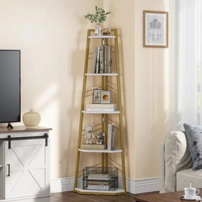 Imagen de YITAHOME estantería de Estilo Industrial con 5 Niveles, esquinera Moderna e Independiente, Estante Abierto para Sala Estar, Pasillo, Oficina en casa, Dorada