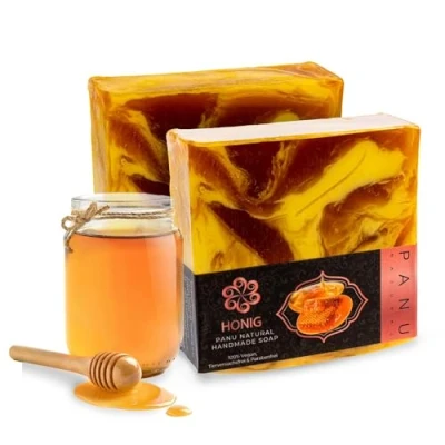 Imagen de Panu Soaps Miel Jabón de Ducha Vegano para Todo Tipo Piel Natural como Gel Sólido y Champú