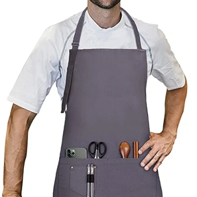 Imagen de LessMo Delantal, 100% algodón de Cocina Delantal con Correa para el Cuello Ajustable, Barbacoa Calidad Profesional 70 x 85 cm, Azul Marino