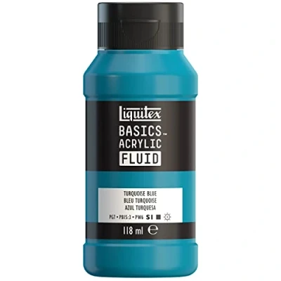 Imagen de Liquitex Basics Fluid Pintura acrílica de consistencia fluida, secado rápido, resistente a la luz, impermeable, acabado satinado permanente, bote 118 ml, azul turquesa
