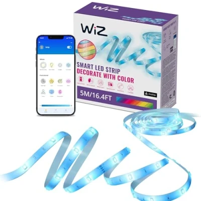 Imagen de WiZ RGB LED Lightstrip 5 m, 16 millones de colores + tonos blancos, modos luz preestablecidos, se conecta a tu Wi Fi, control por voz/app, funciona con Google Home, Alexa y HomeKit.