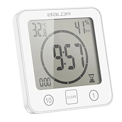 Imagen de ALLOMN Reloj de Baño, LCD Ducha Digital Alarma Impermeable Control Táctil Hum / ℉ Temperatura Humedad, Temporizador Cuenta Regresiva, 3 Métodos Montaje, Energía la Batería (Blanco)